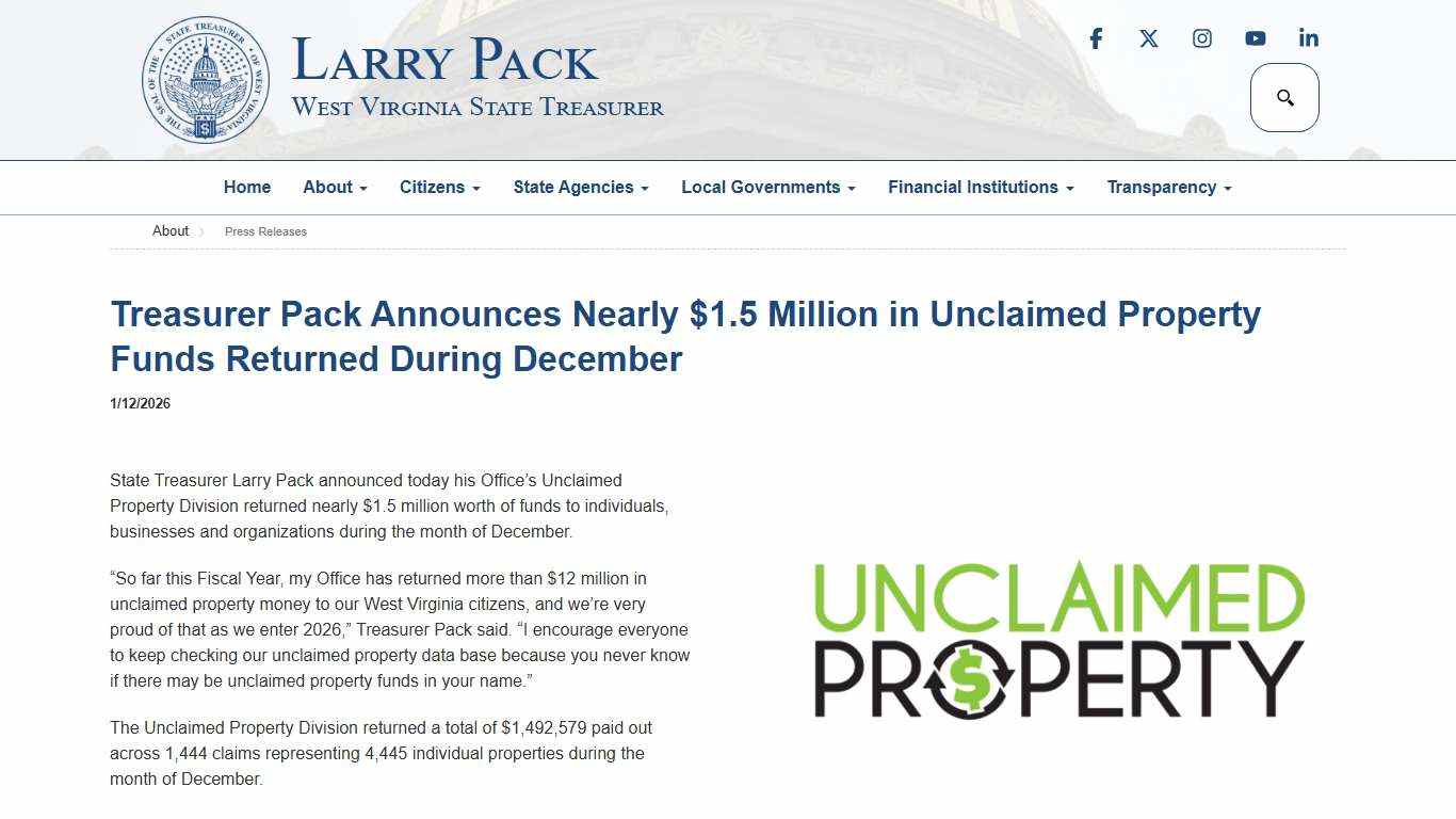 1/12/2026 - Treasurer Pack Announces Nearly $1.5 Million in Unclaimed Property Funds Returned During DecemberPress Releases