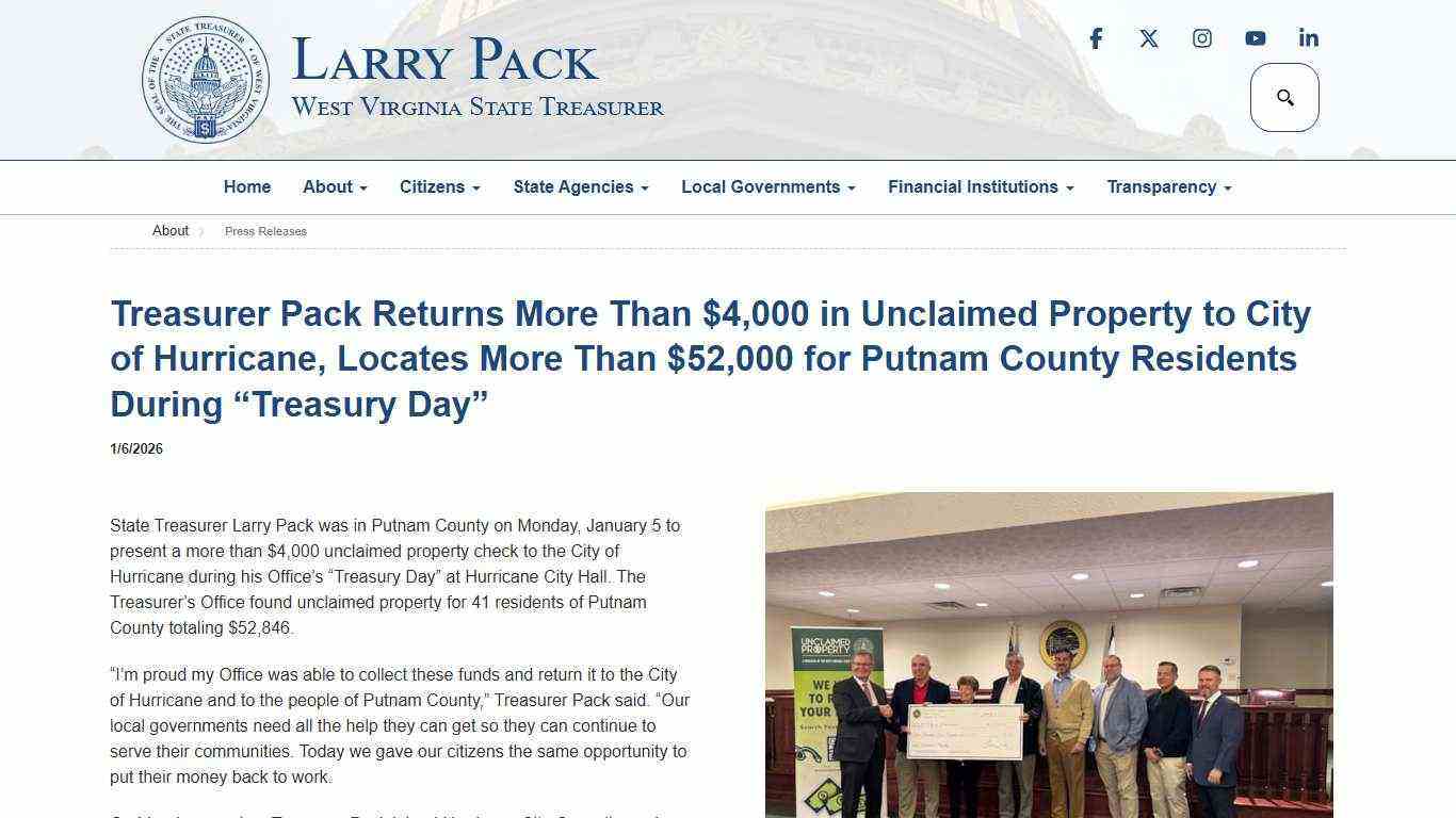 1/6/2026 - Treasurer Pack Returns More Than $4,000 in Unclaimed Property to City of Hurricane, Locates More Than $52,000 for Putnam County Residents During “Treasury Day”Press Releases