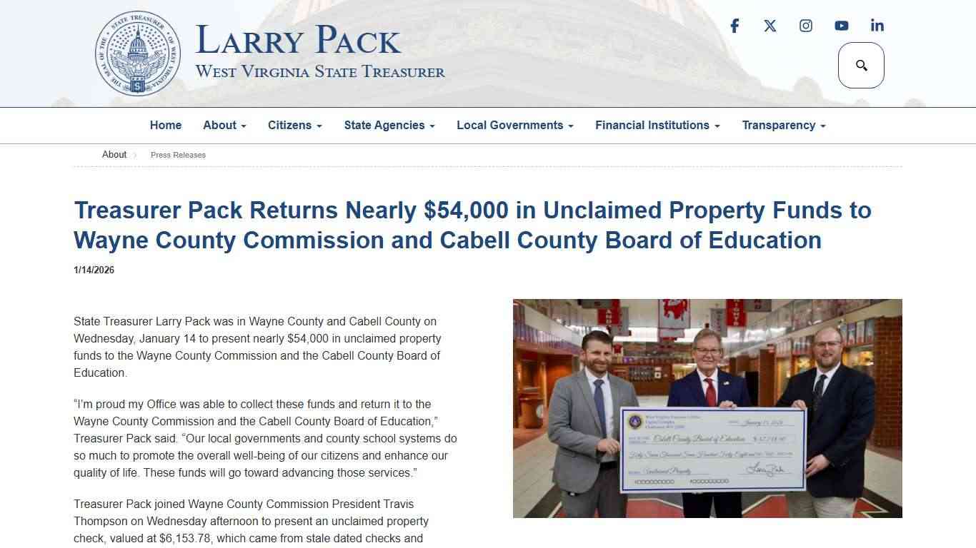 1/14/2026 - Treasurer Pack Returns Nearly $54,000 in Unclaimed Property Funds to Wayne County Commission and Cabell County Board of EducationPress Releases