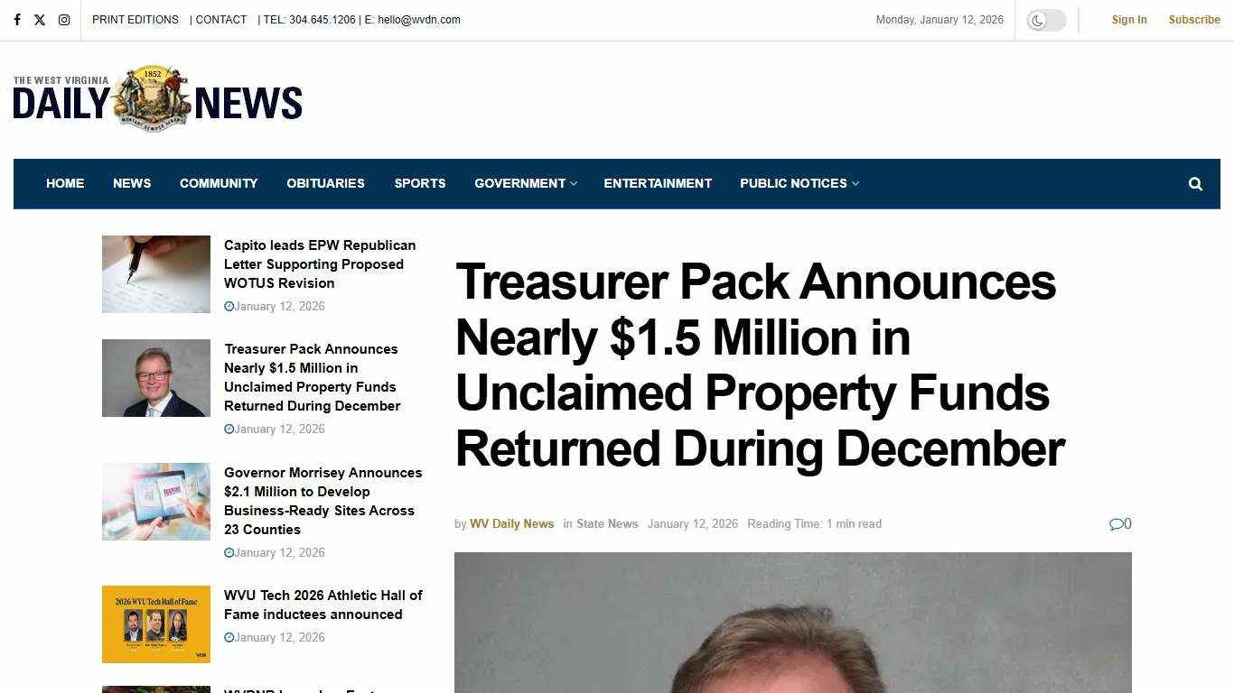 Treasurer Pack Announces Nearly $1.5 Million in Unclaimed Property Funds Returned During December - West Virginia Daily News
